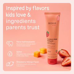 Boka textura de pasta suave fresa‑mango que facilita el cepillado y agrada al niño