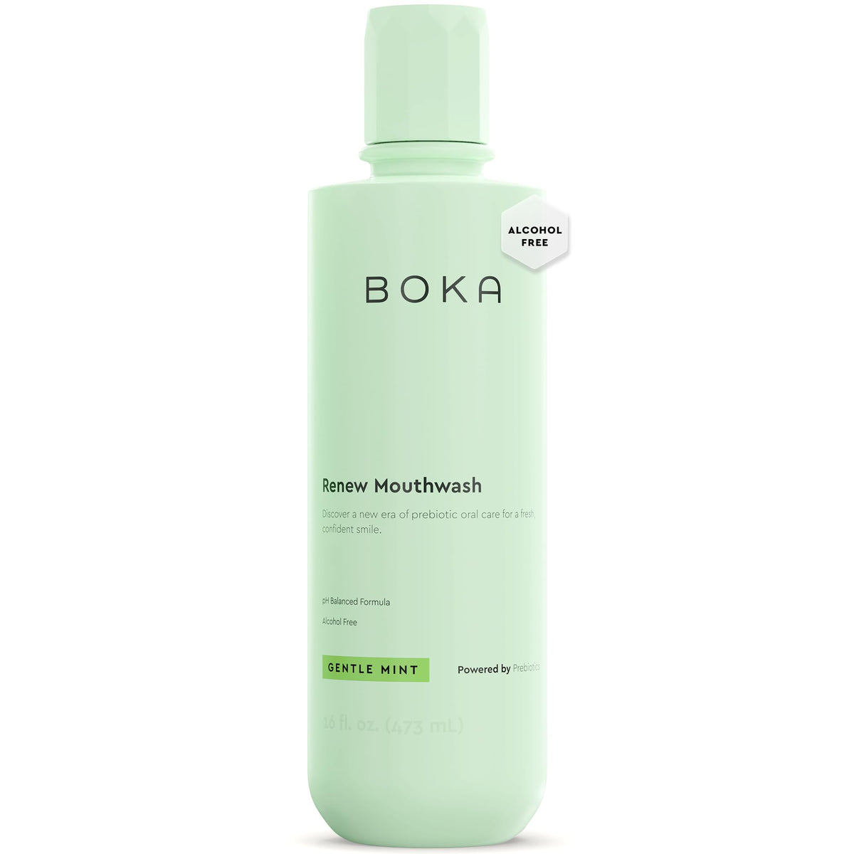 Boka Renew botella frontal mostrando diseño y volumen, frescura inmediata