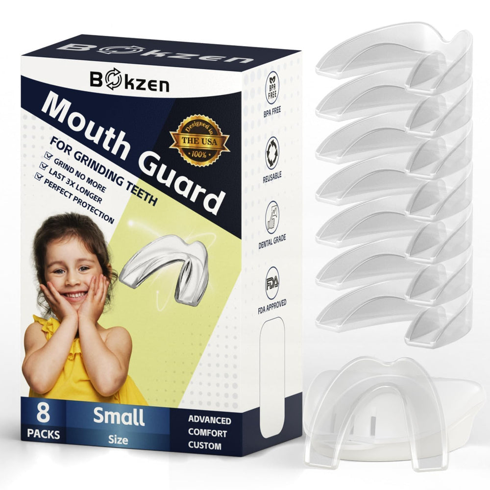 Bokzen empaque frontal mostrando 8 protectores y tallas, conveniencia inmediata