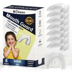 Bokzen empaque frontal mostrando 8 protectores y tallas, conveniencia inmediata
