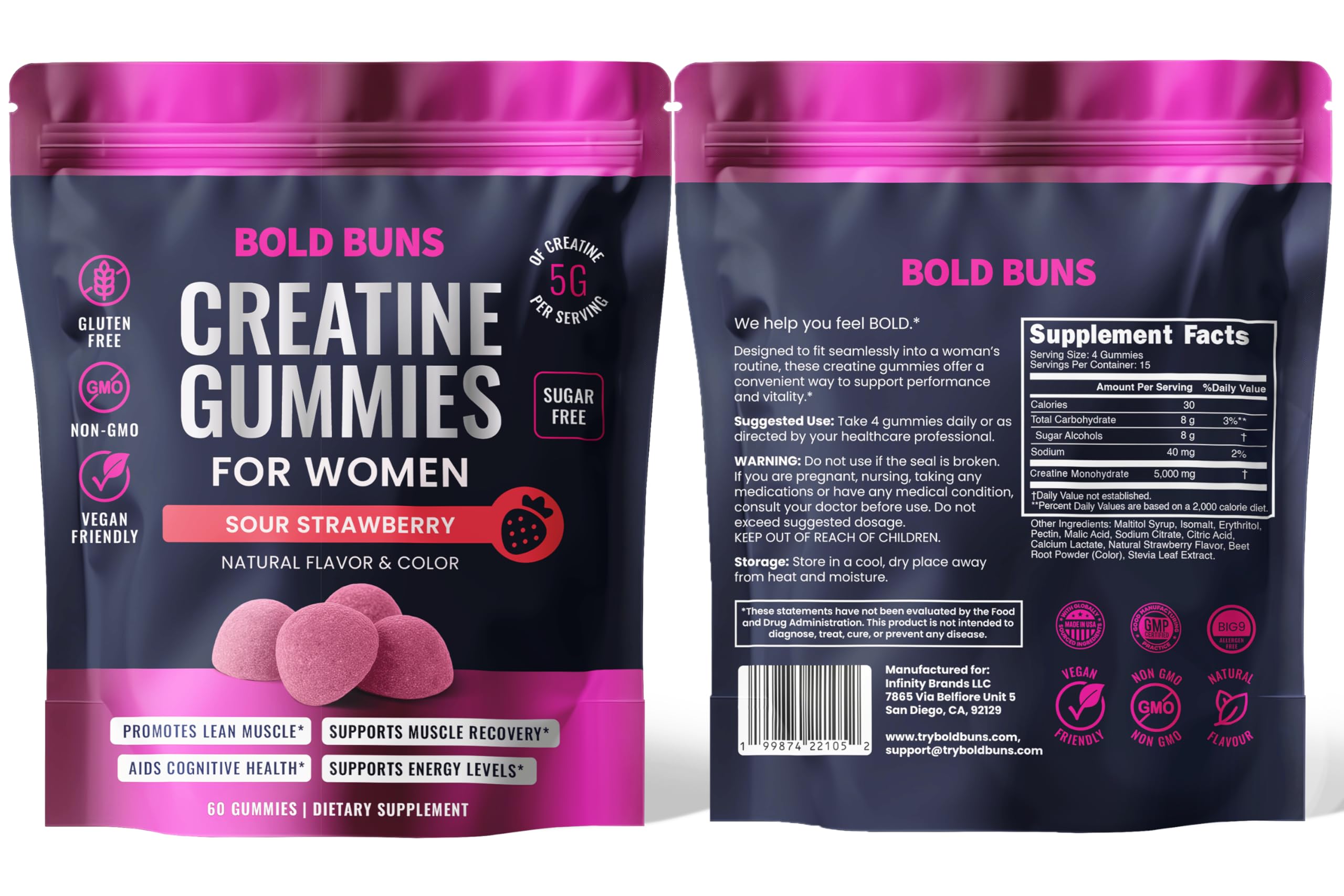 Bold Buns gomitas en bolsa de gimnasio ilustrando uso en estilo de vida activo