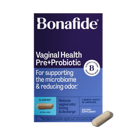 Bonafide Clairvee empaque frontal resaltando alivio íntimo