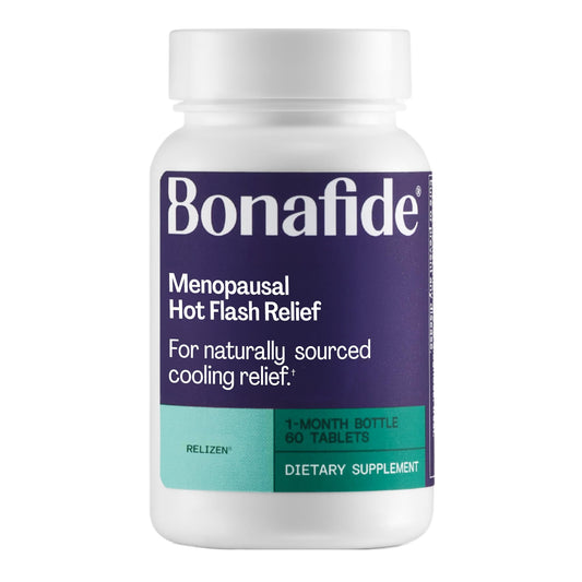 Bonafide Relizen empaque frontal mostrando marca y objetivo para alivio de sofocos