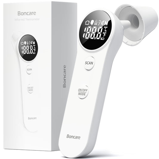 Boncare empaque frontal mostrando el termómetro y accesorios, facilidad de uso
