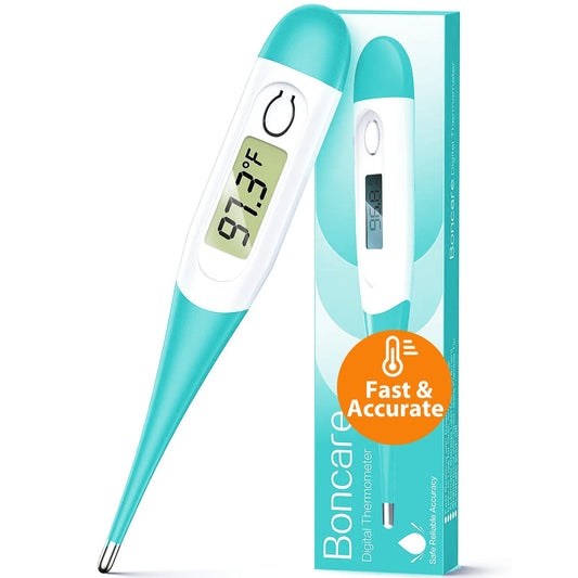 Boncare vista frontal del termómetro en paquete, ideal para familias