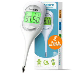 Boncare vista frontal del termómetro mostrando botones y diseño ergonómico para uso familiar