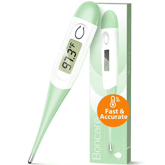 Boncare termómetro frontal verde claro mostrando diseño compacto y botones fáciles
