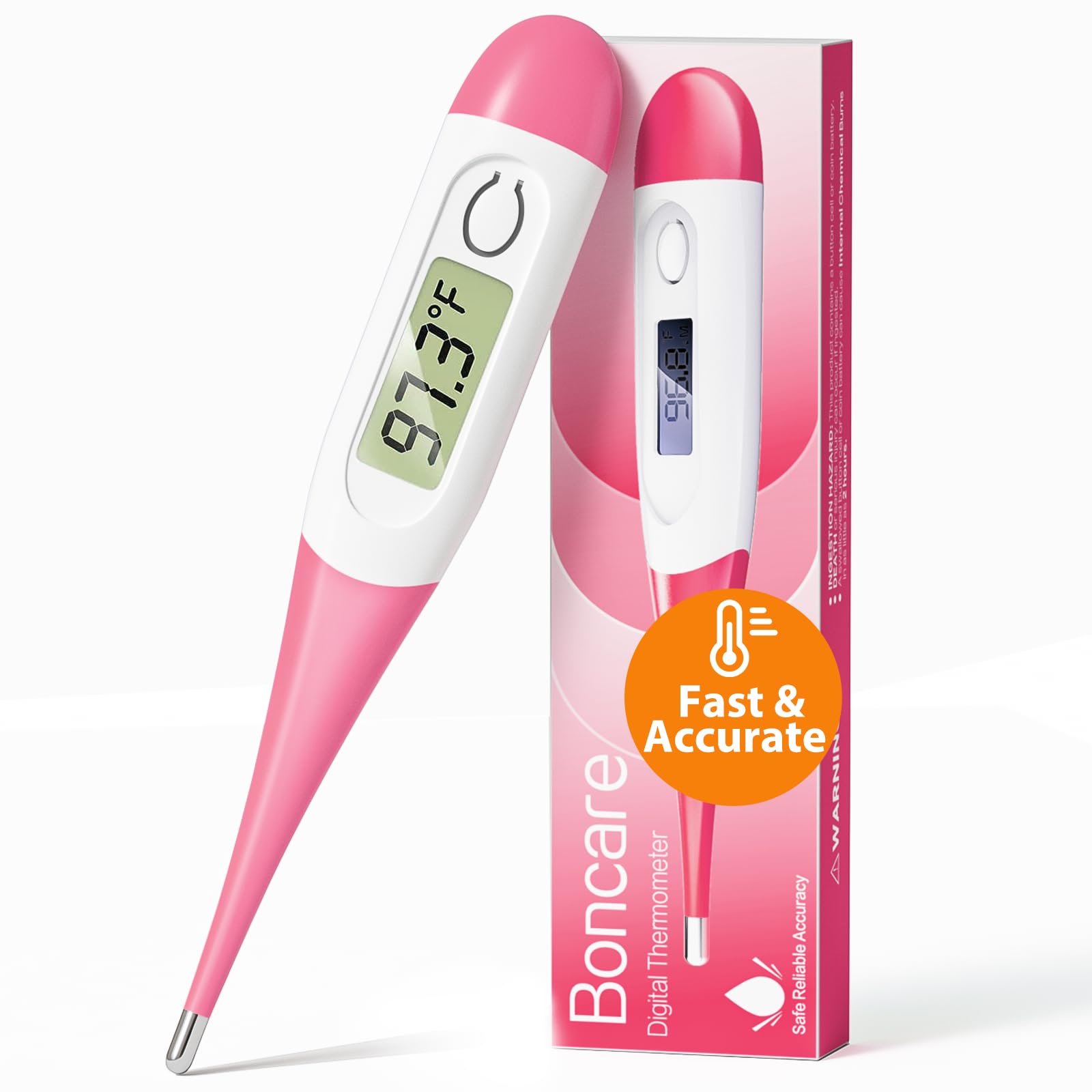 Boncare termómetro frontal rosa mostrando diseño compacto y fácil agarre