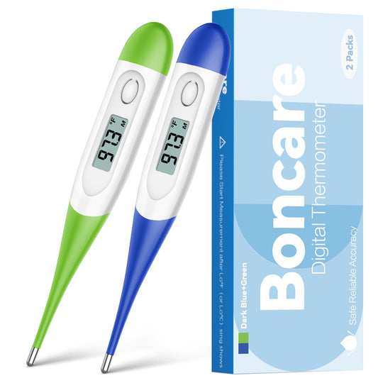 Boncare termómetro frontal mostrando diseño compacto y porta funda para higiene