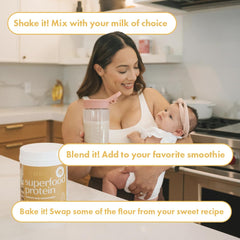 Boobie Brands mano de madre sosteniendo batido, energía práctica para el día