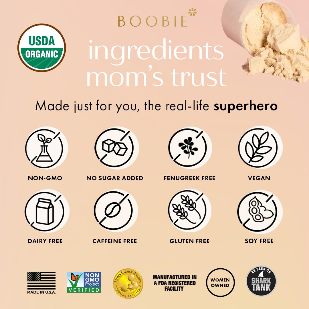 Boobie Brands etiqueta nutricional que resalta proteína y vitamina D por porción