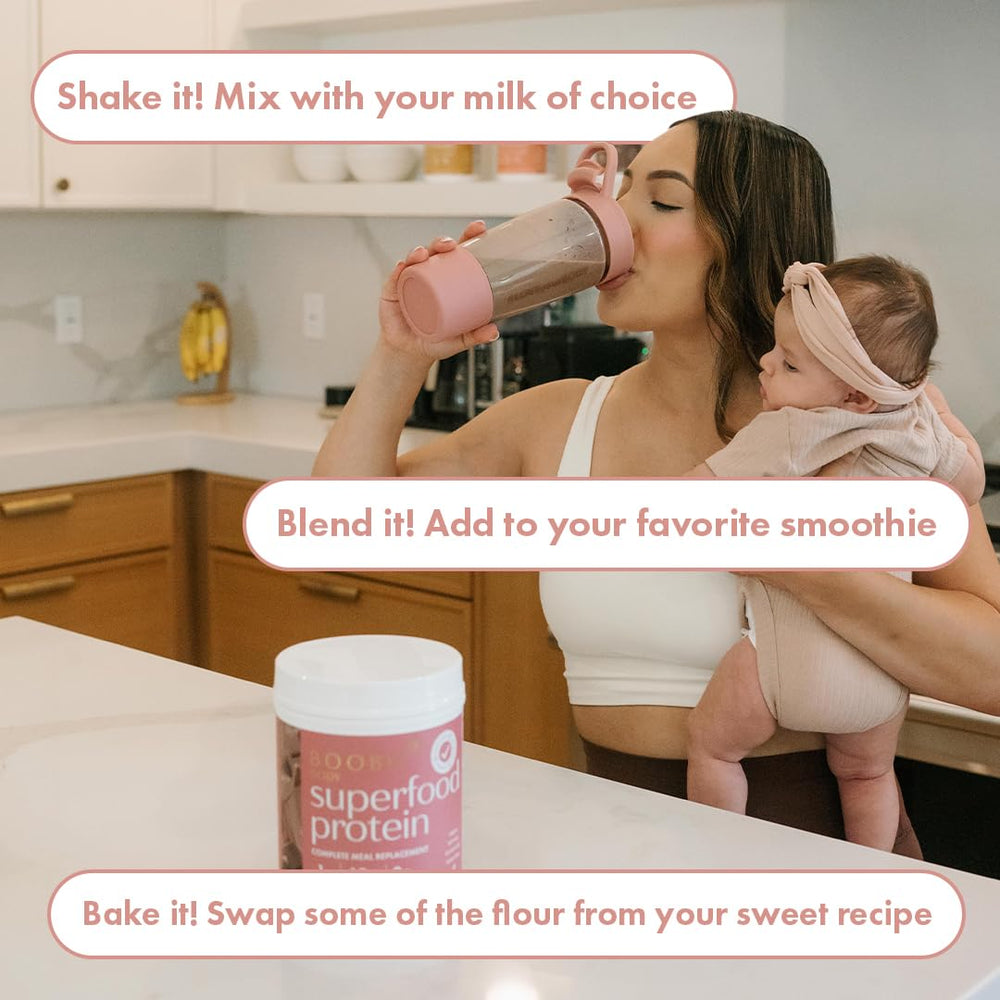 Boobie Brands mujer embarazada disfrutando un batido, energía y conveniencia diaria