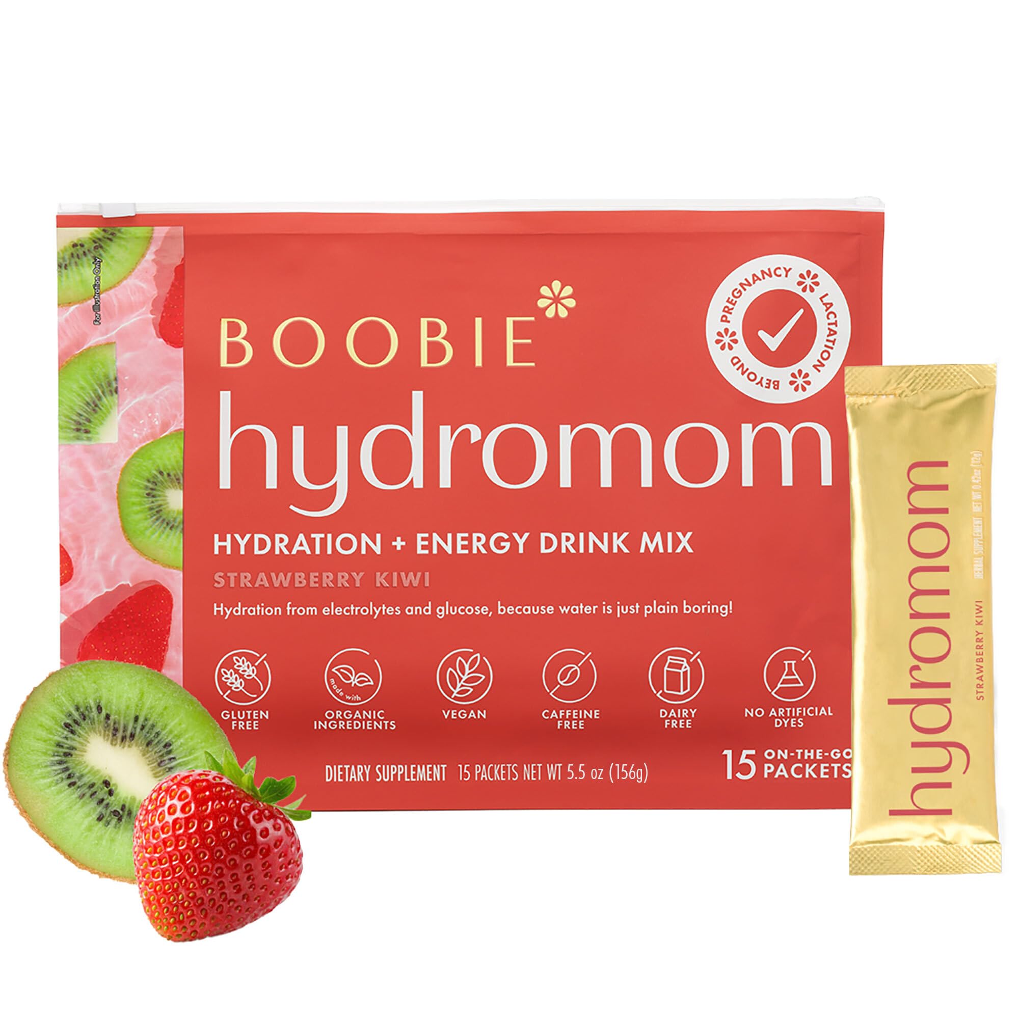 Boobie Hydromom frente del empaque mostrando 15 sobres y beneficio portabilidad
