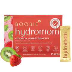 Boobie Hydromom frente del empaque mostrando 15 sobres y beneficio portabilidad