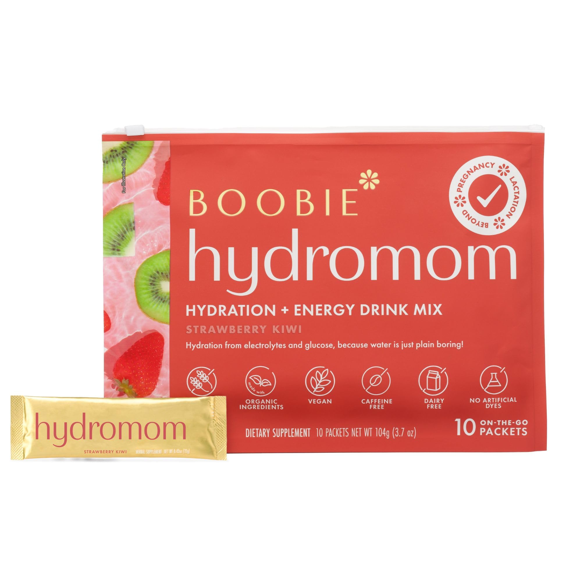 Boobie Hydromom empaque frontal mostrando sabor fresa kiwi y beneficios