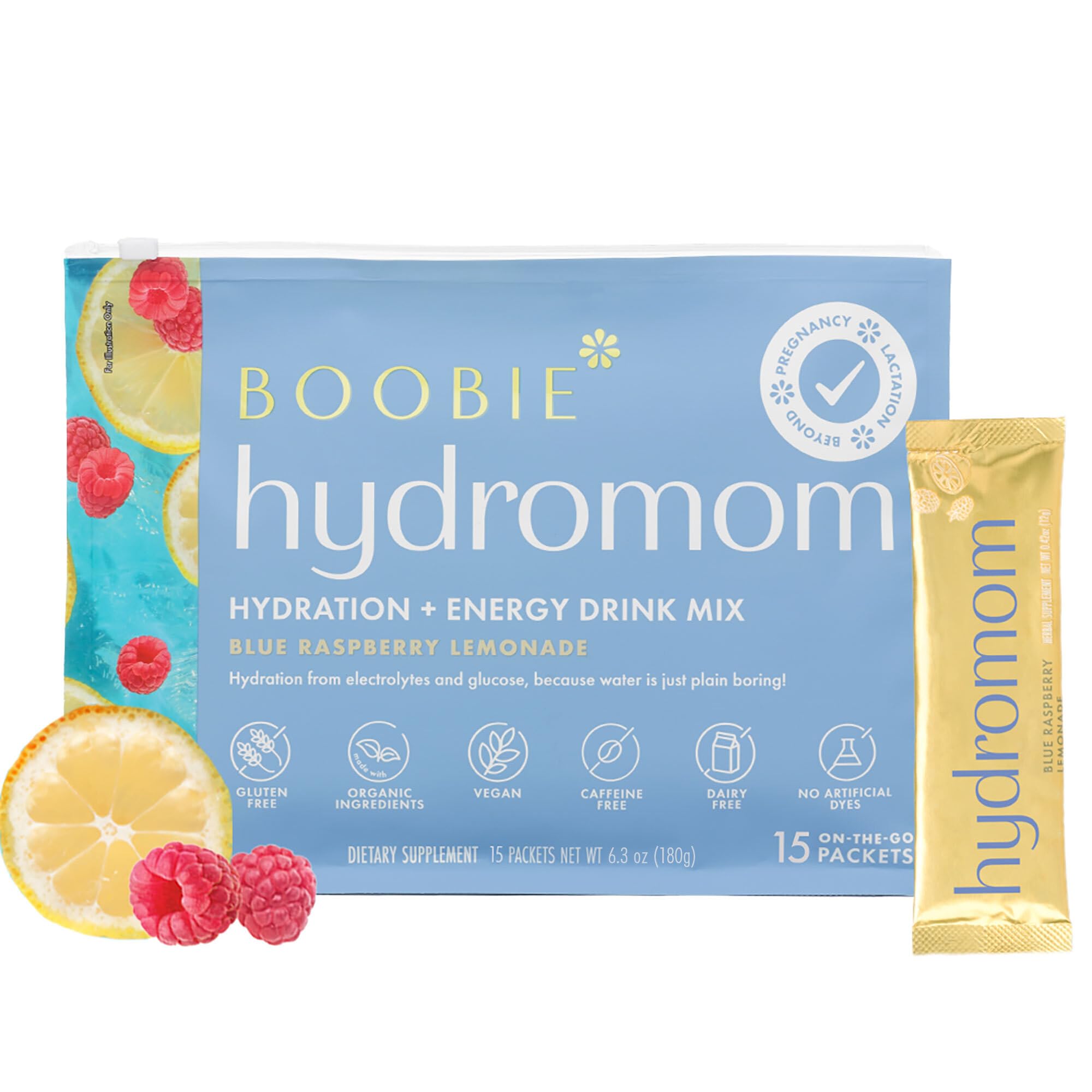 Boobie Hydromom empaque frontal mostrando 15 sobres y beneficio práctico