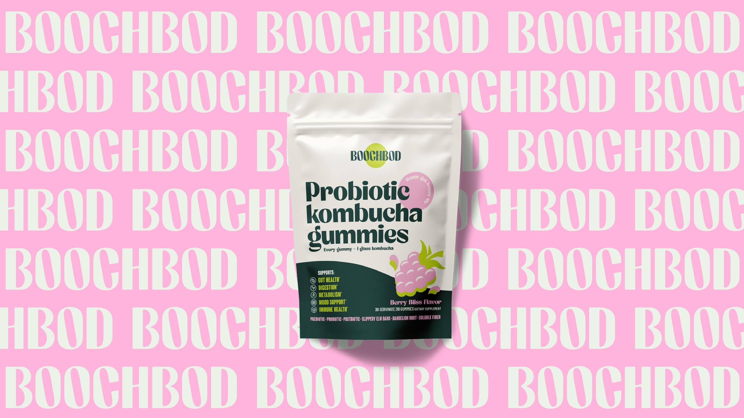 BoochBod frasco con concepto de SCOBY ilustrando origen de kombucha