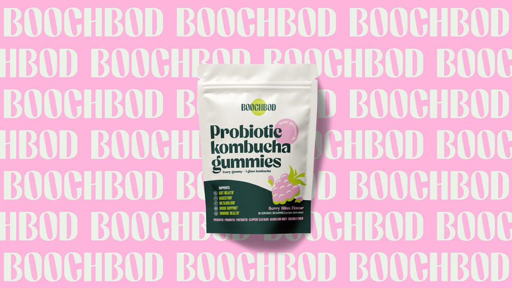 BoochBod frasco con concepto de SCOBY ilustrando origen de kombucha