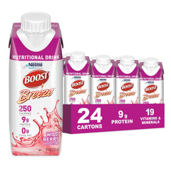 BOOST Breeze frontal del envase mostrando etiqueta y sabor Wild Berry, práctico para llevar