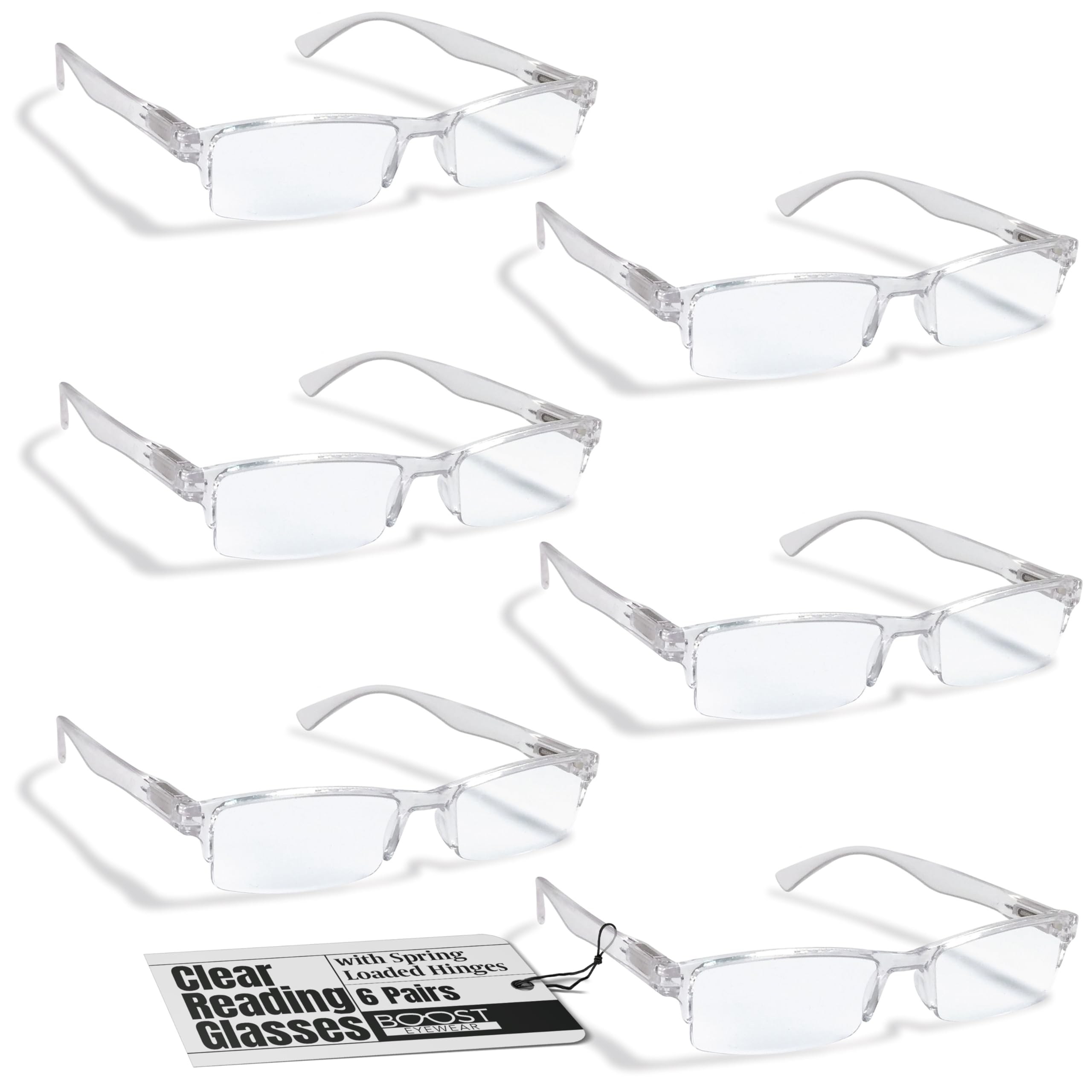 Boost Eyewear paquete frontal con seis pares transparente y beneficio accesibilidad inmediata