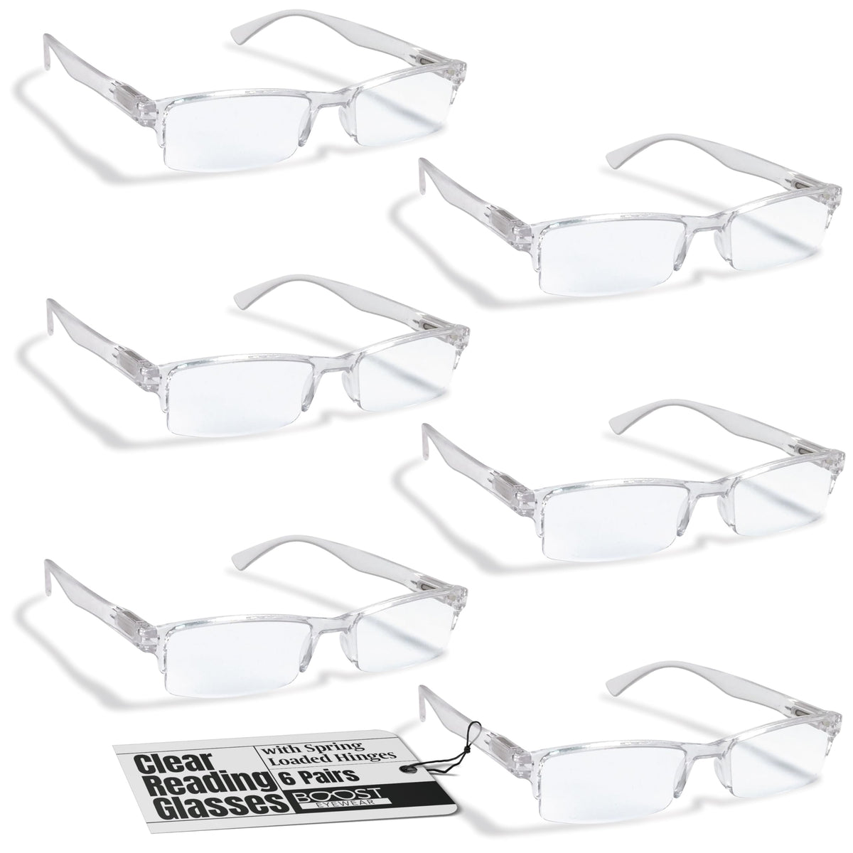 Boost Eyewear paquete frontal con seis pares transparente y beneficio accesibilidad inmediata