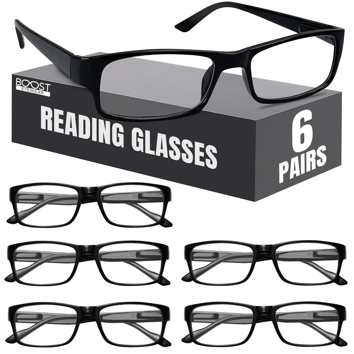 Boost Eyewear frontal con seis pares negros, muestra valor y organización