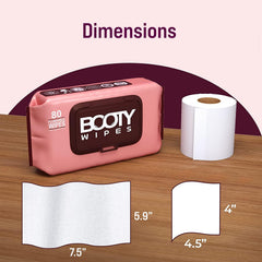 BOOTY WIPES etiqueta con ingredientes aloe y vitamina E, informa sobre hidratación