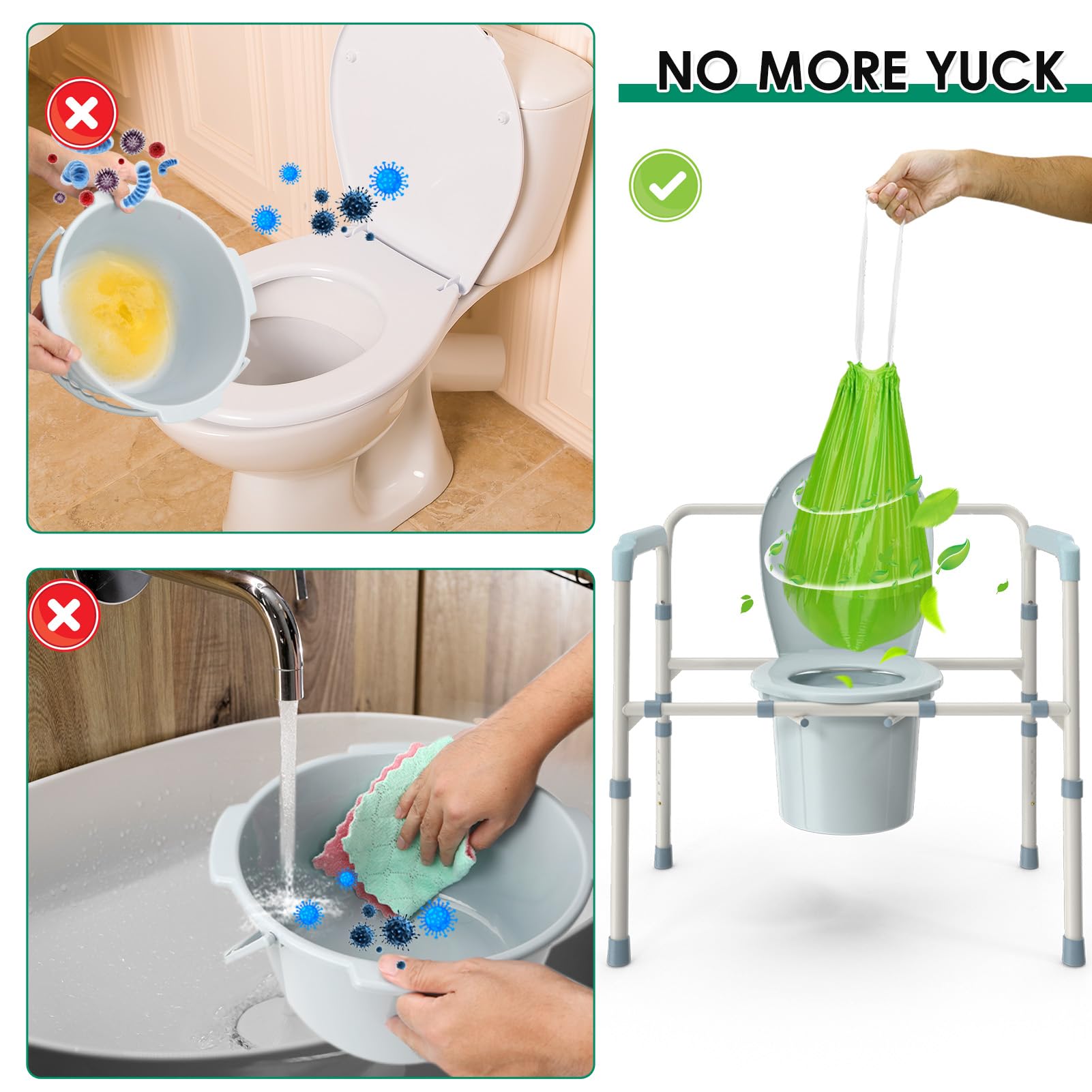 BOOWOO bolsa colocada en commode demostrando ajuste universal y limpieza