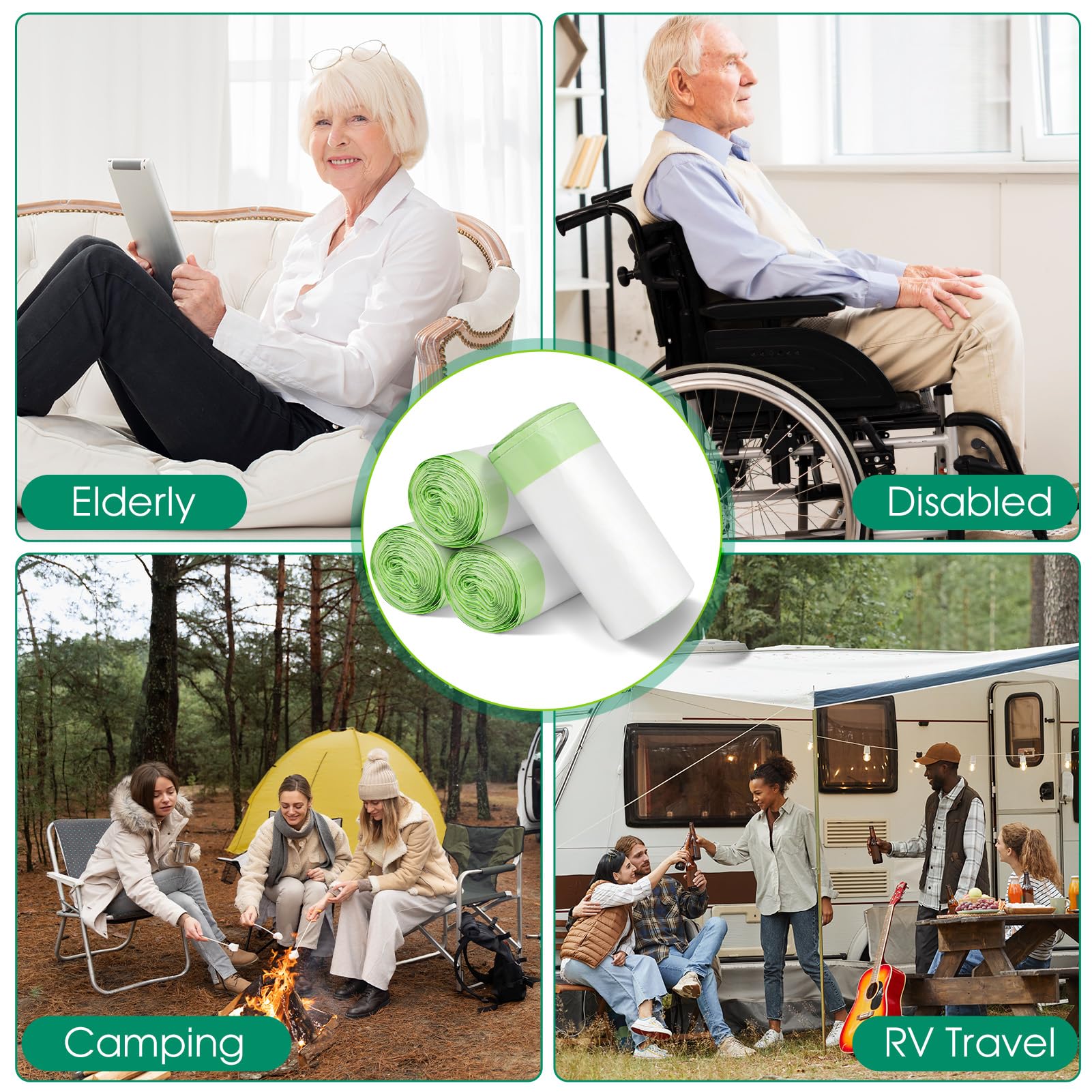 BOOWOO bolsa colocada en silla commode mostrando ajuste universal y limpieza
