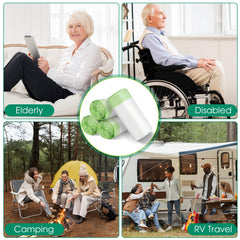 BOOWOO bolsa colocada en silla commode mostrando ajuste universal y limpieza