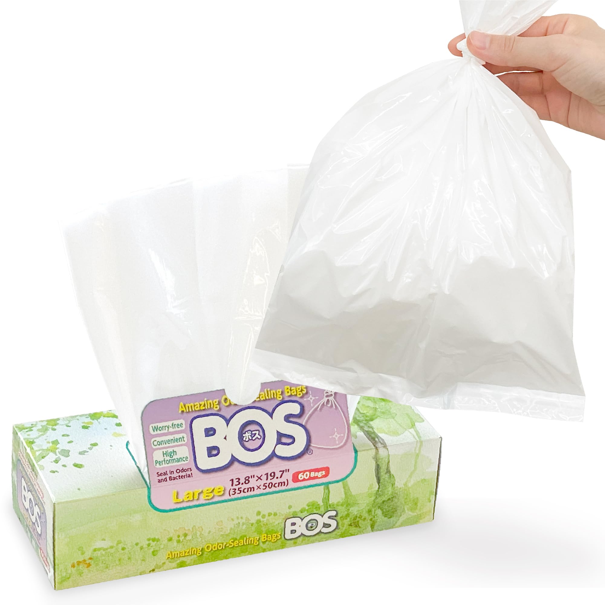 BOS caja frontal mostrando 60 bolsas, fácil almacenamiento