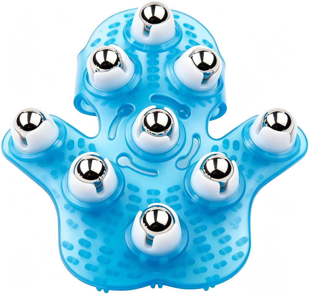 Boseen imagen frontal del masajeador azul mostrando forma de palma y portabilidad
