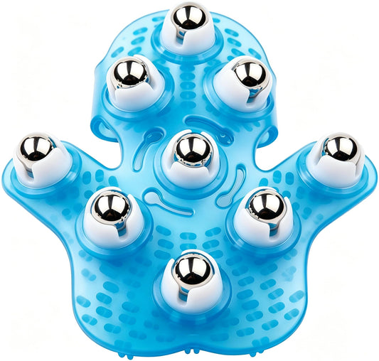 Boseen imagen frontal del masajeador azul mostrando forma de palma y portabilidad