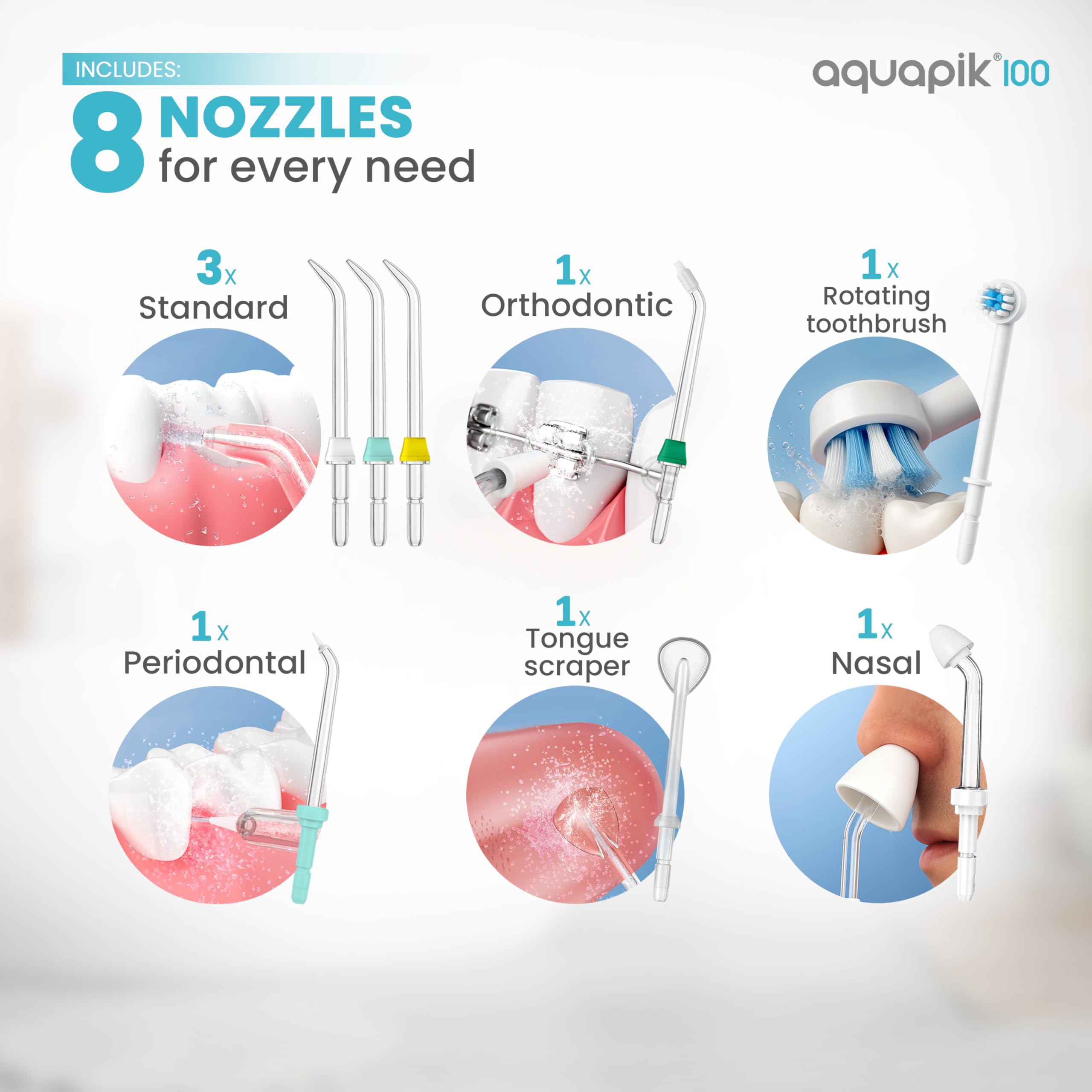 Bostontech Aquapik 100 boquilla para ortodoncia en uso, limpieza precisa en brackets
