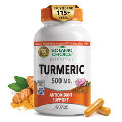 Botanic Choice envase frontal de cúrcuma 500 mg, presentación clara y beneficios