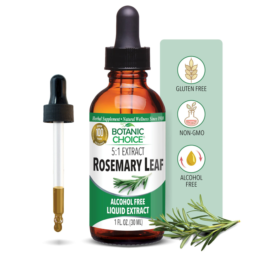Botanic Choice botella frontal de Rosemary Leaf Liquid Extract, envase compacto y práctico