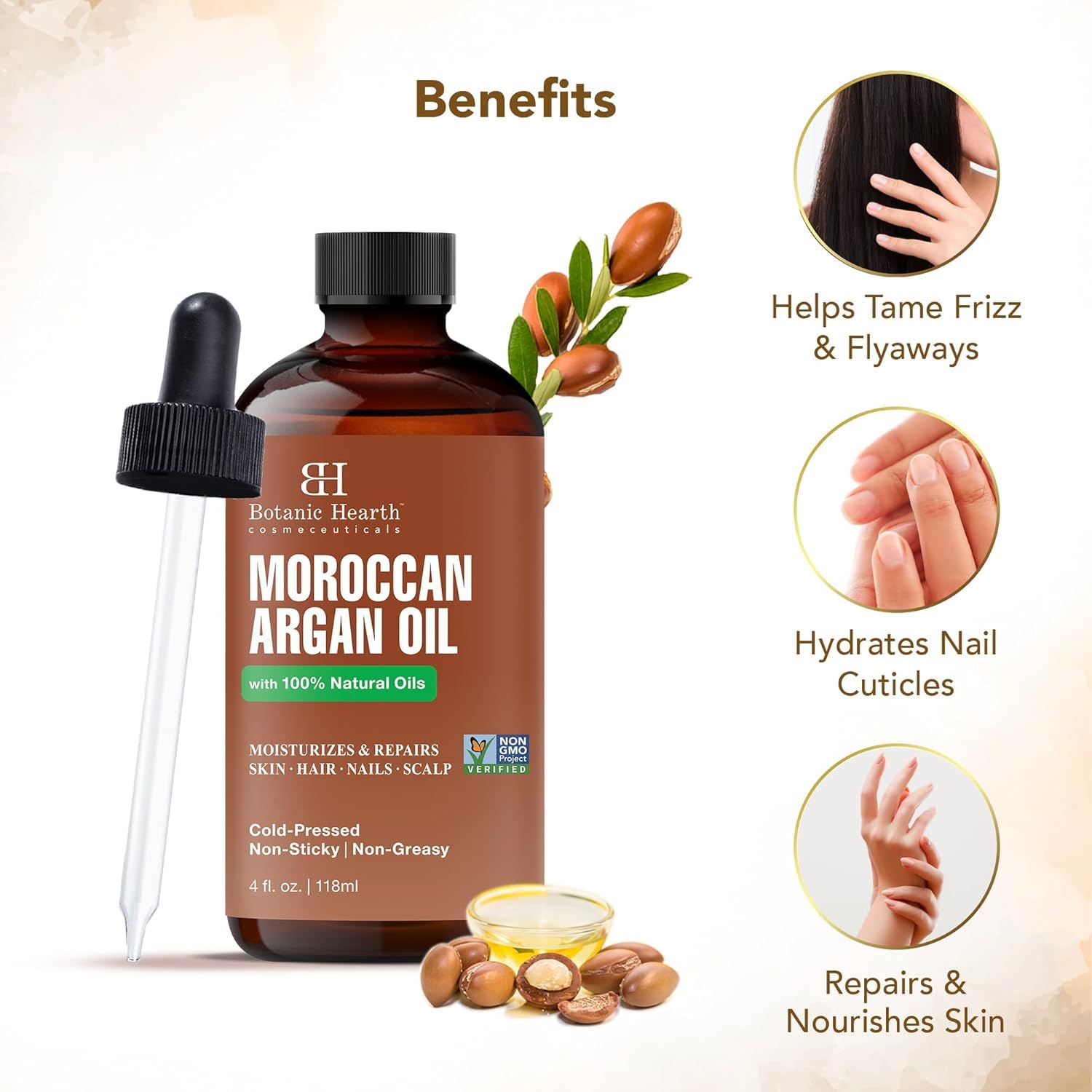 Botanic Hearth etiqueta con ingredientes y beneficios visibles