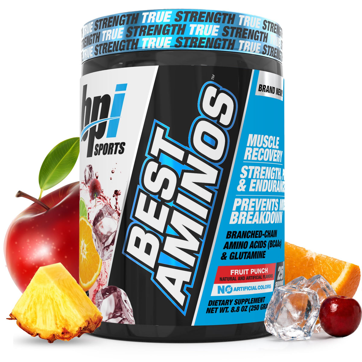 BPI Sports envase frontal Fruit Punch mostrando 25 servicios y sin azúcar