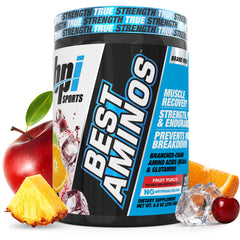 BPI Sports envase frontal Fruit Punch mostrando 25 servicios y sin azúcar