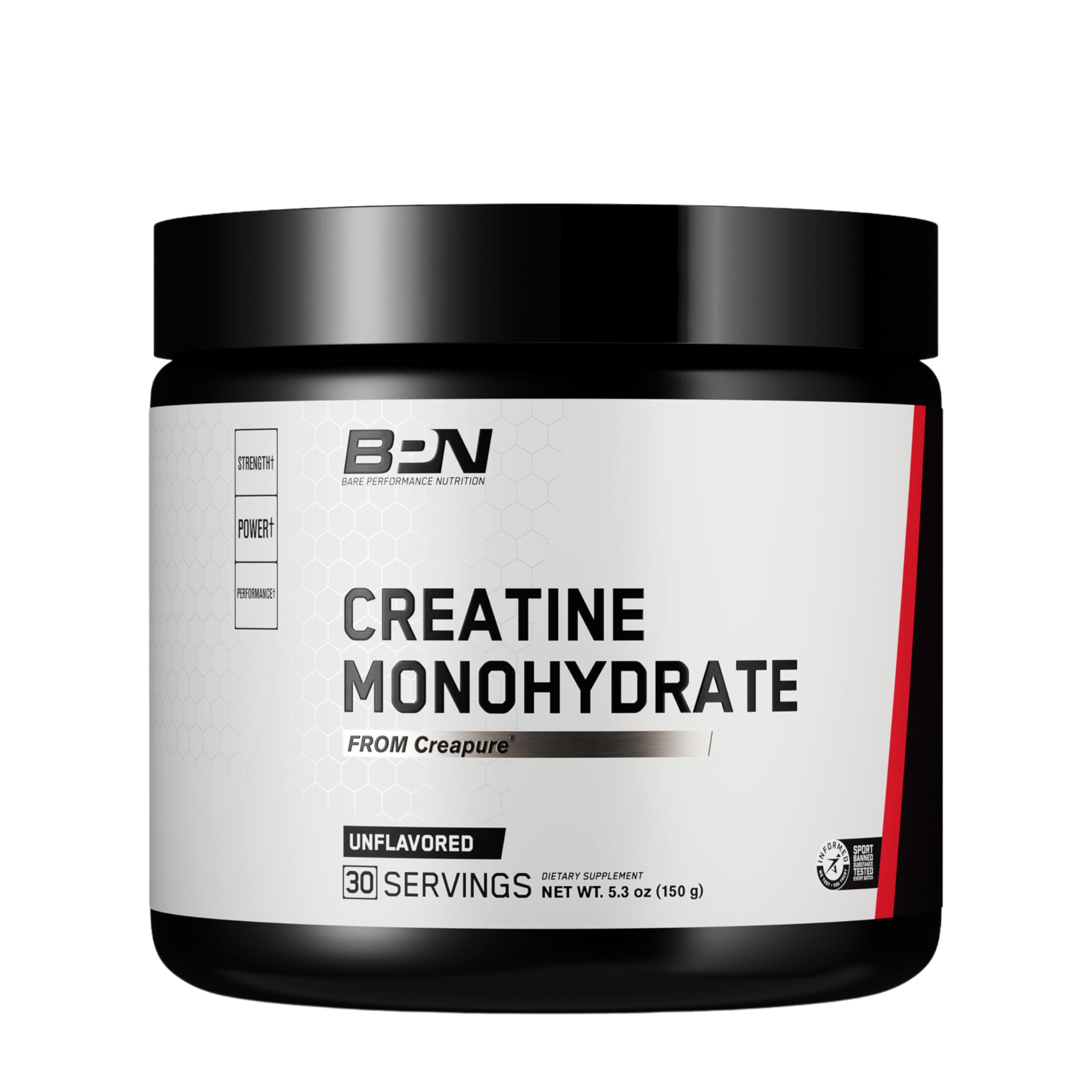 BARE PERFORMANCE NUTRITION envase frontal Creapure, claridad de información y pureza