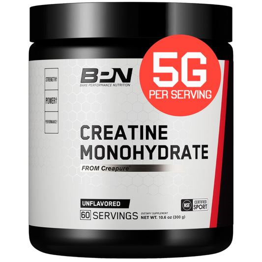 BARE PERFORMANCE NUTRITION envase frontal Creapure, claridad de etiqueta y contenido