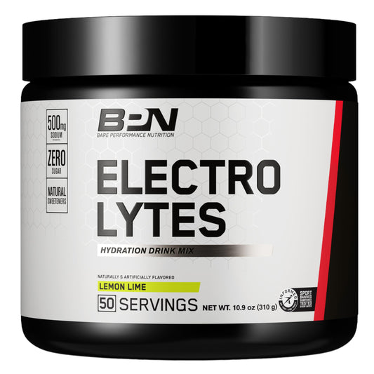 BARE PERFORMANCE NUTRITION envase frontal de Electrolytes hidratación con beneficio de información clara