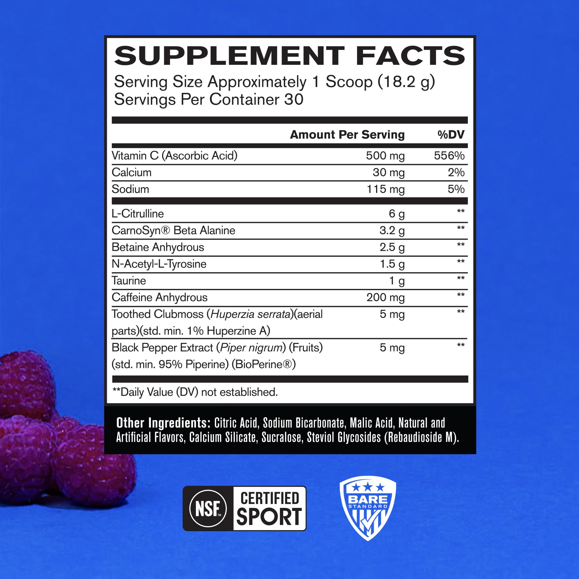 BARE PERFORMANCE NUTRITION cucharada con polvo azul para preparar bebida
