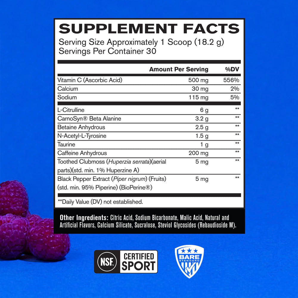 BARE PERFORMANCE NUTRITION cucharada con polvo azul para preparar bebida