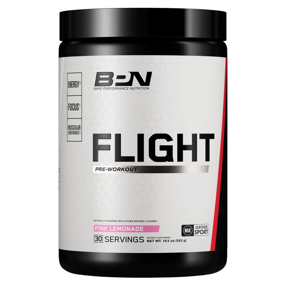 BARE PERFORMANCE NUTRITION Flight envase frontal rosa limón mostrando marca y beneficios