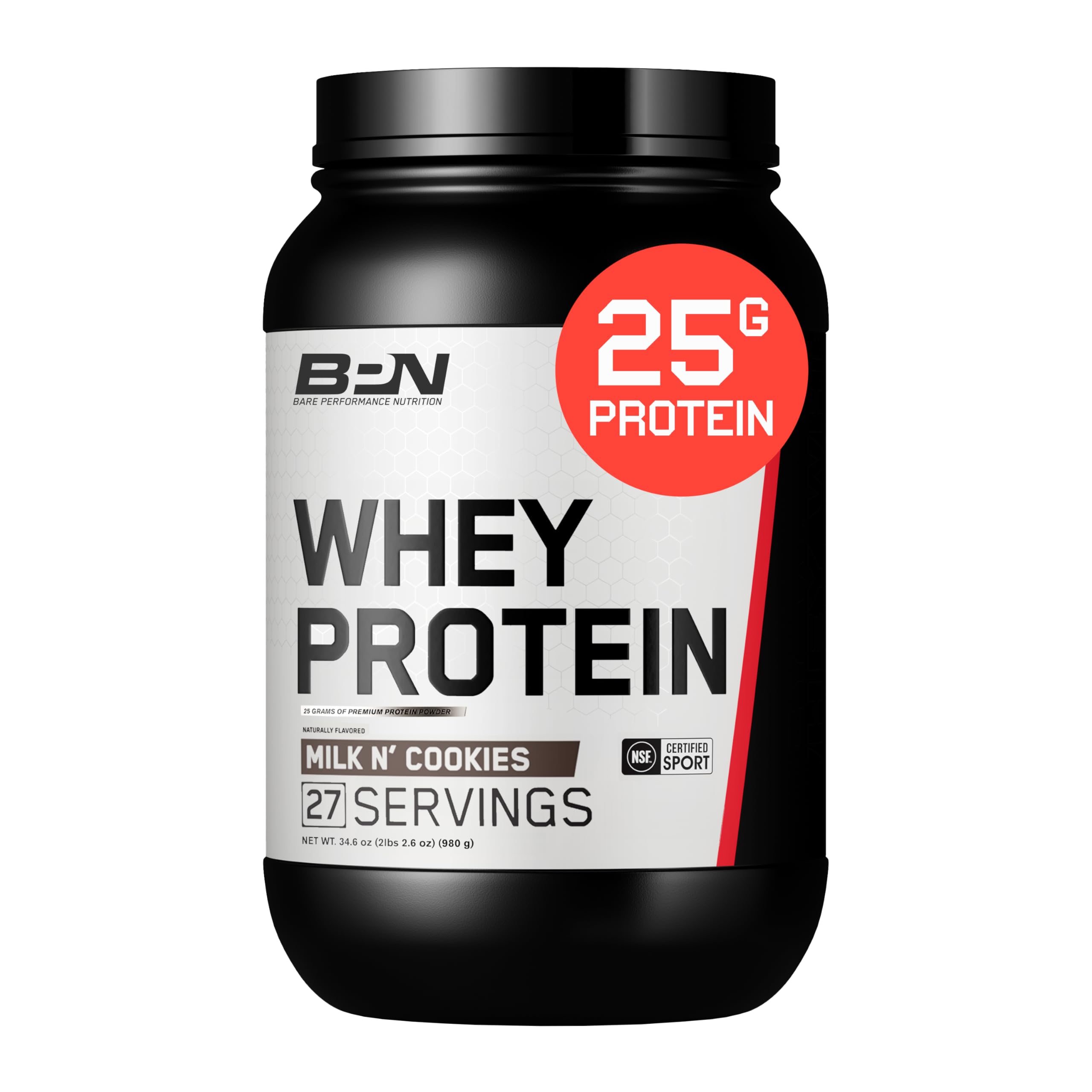 BARE PERFORMANCE NUTRITION envase frontal Milk N' Cookies con etiqueta clara y beneficios