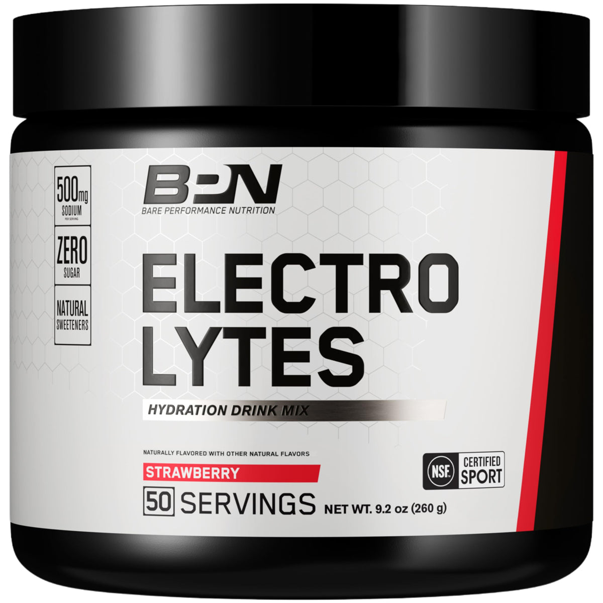 BARE PERFORMANCE NUTRITION envase frontal fresa mostrando 50 servicios y beneficio de reposición