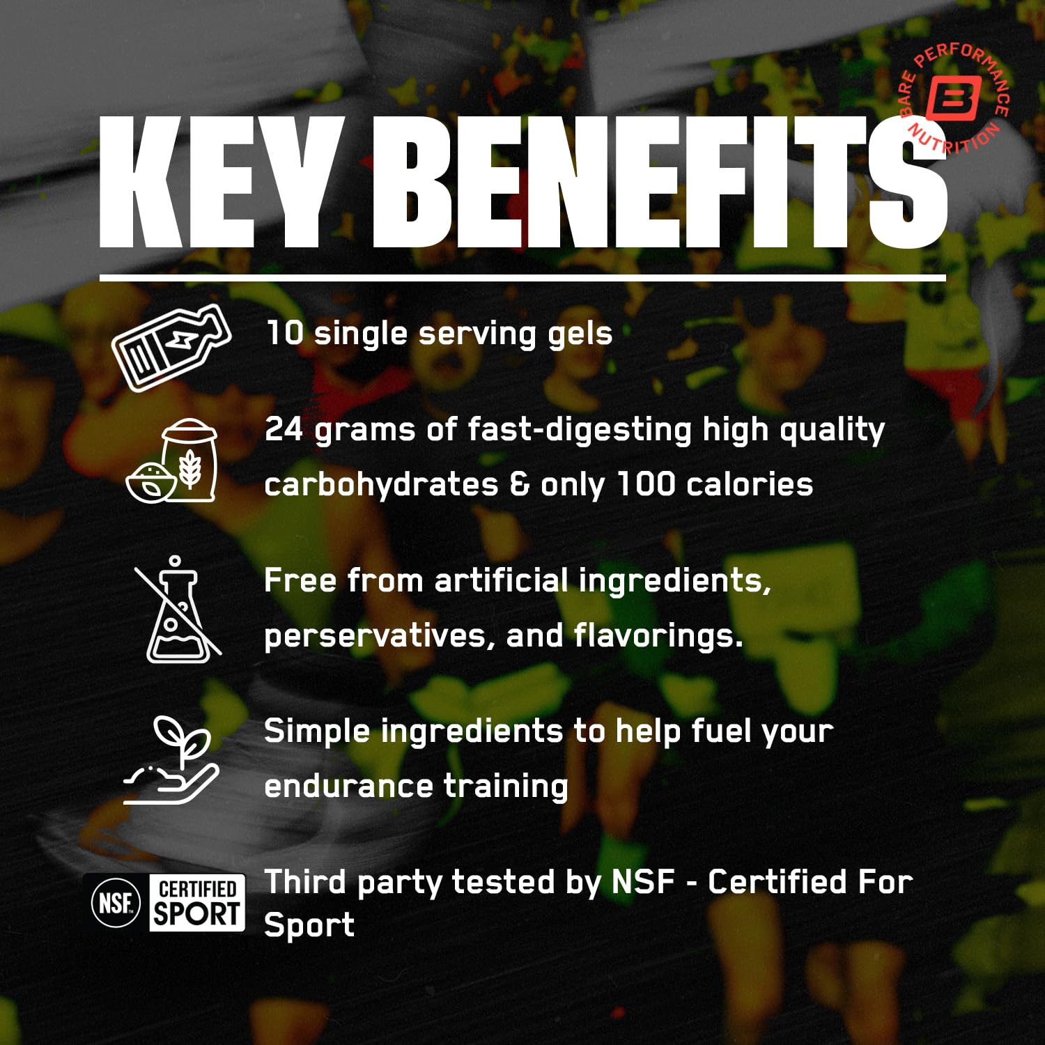 BARE PERFORMANCE NUTRITION sobre abierto mostrando gel, consumo inmediato práctico