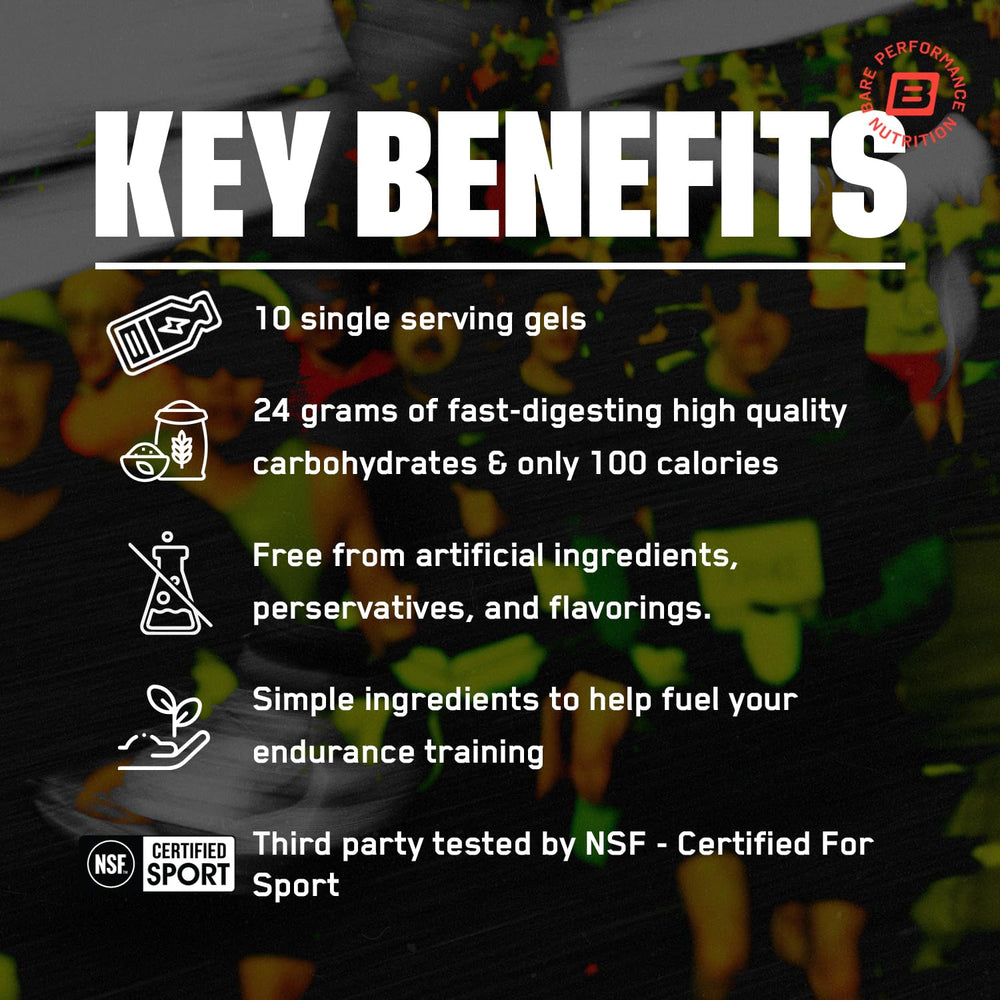 BARE PERFORMANCE NUTRITION sobre abierto mostrando gel, consumo inmediato práctico