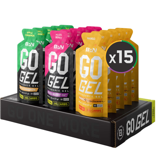 BARE PERFORMANCE NUTRITION paquete frontal mostrando 15 sobres y variedad de sabores para energía rápida